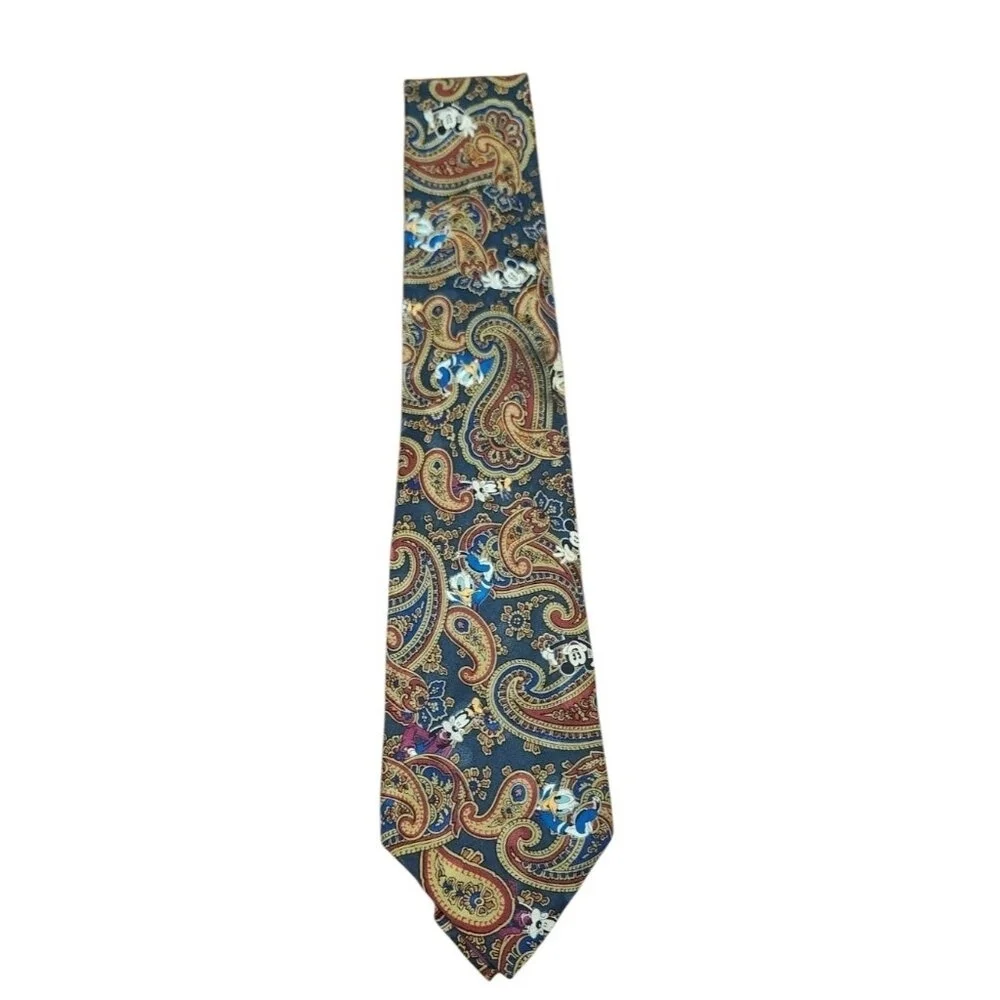 Vintage The Disney Store Mickey Donald Goofy Pluto Paisley Novelty Silk Necktie